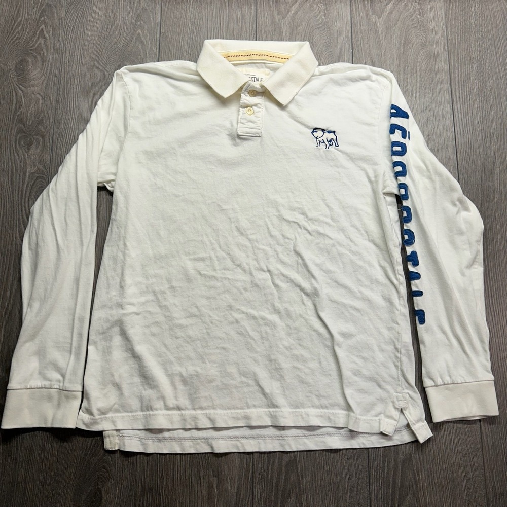 Aeropostale Mens XL White Long Sleeve Polo Shirt Y2K Bulldog Logo Cotton